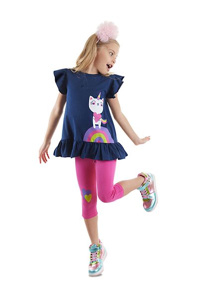 Denokids Sötétkék rózsaszín egyszarvú macska fodros lány nyári póló leggings szett