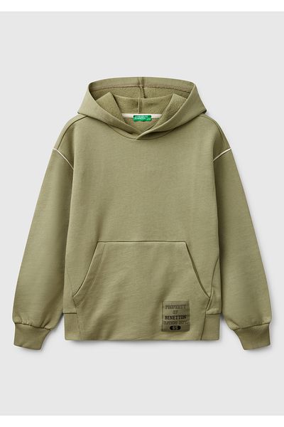 United Colors of Benetton Hanorac cu glugă pentru băiat, kaki, cu dungi în spate, cu buzunar pentru husă cu logo