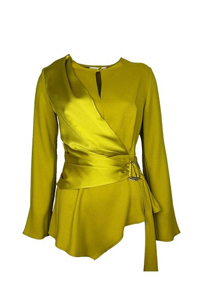 KAMEYA Asymmetrical Olive Green Blouse with Satin Detail
