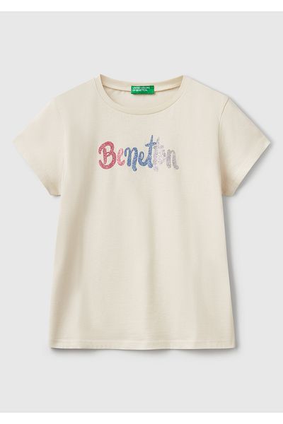 United Colors of Benetton Dívčí krémové tričko s třpytivým logem