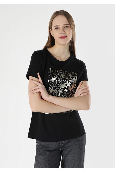 Colin's Tricou negru cu mânecă scurtă pentru femei, cu decolteu rotund, cu croială normală Cl 1062477
