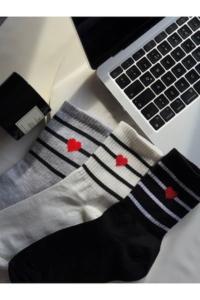 Fakülte Store Heart Patterned Four Stripes 3 Pairs 3 Colors Women's Socks