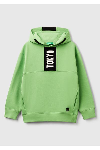 United Colors of Benetton Boy's Pistachio Green Print Stripe Detailed Logo Label Hooded Sweatshirt