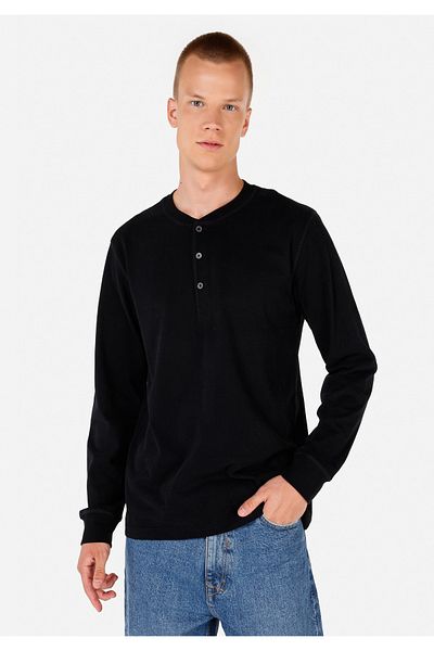 Colin's Slim Fit Button Collar Plain Men's Black Long Sleeve T-Shirt