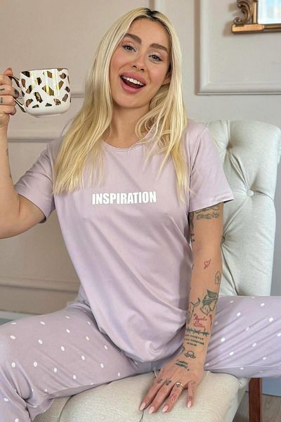 Pijamaevi Lilac Inspiration Patterned Bamboo Short Sleeve Women's Pajamas Set