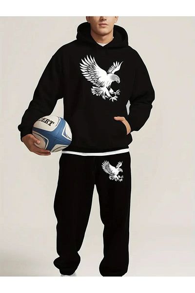 FULL TOLERANCE Yd Desi̇ng Hoodi̇e Sports Eagle Printed Oversize Bottom-Top Set