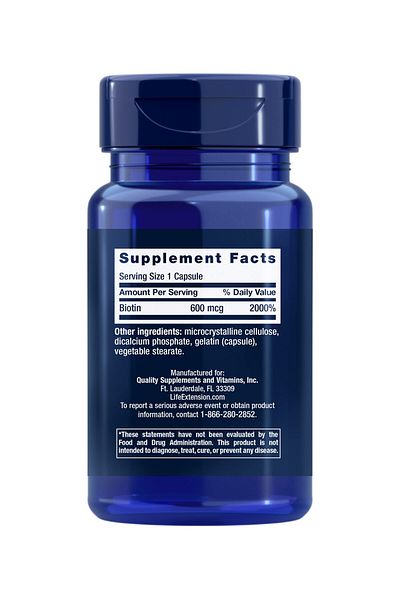 Life Extension Biotin 600 mcg Vitamin B7 for Hair & Nails – Gluten-Free, Non-GMO – 100 Capsules