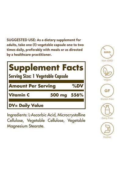 Solgar Vitamin C 500 mg, 250 Capsules - Antioxidant, Immune, Skin & Joint Support - Vegan, Non-GMO
