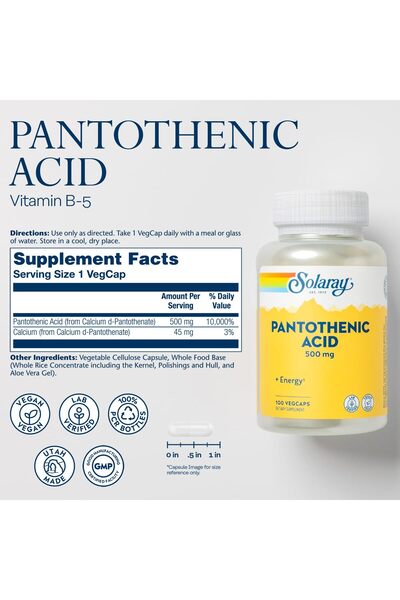Solaray Pantothenic Acid 500mg - Vitamin B5 for Energy, Hair, Skin - Vegan, 100 VegCaps