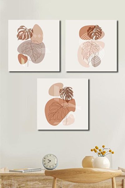 Victor Vallery 3'lü Set Line Art Leaves Kanvas Tablo