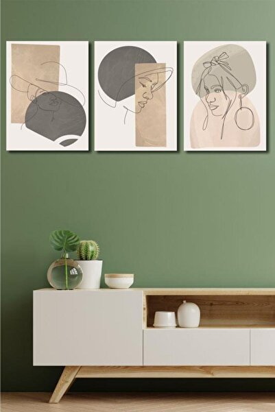 Victor Vallery 3'lü Set Geometric Line Art Portrait Kanvas Tablo
