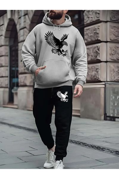 FULL TOLERANCE Yd Desi̇ng Hoodi̇e Sports Eagle Printed Oversize Bottom-Top Set