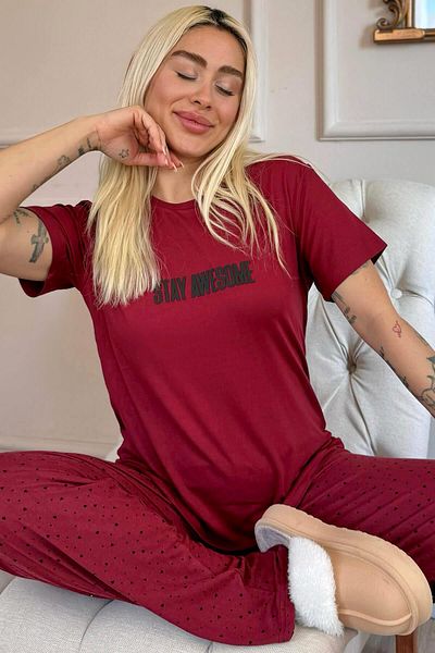 Pijamaevi Set pijamale pentru femei cu mânecă scurtă din bambus cu model Burgundy Stay