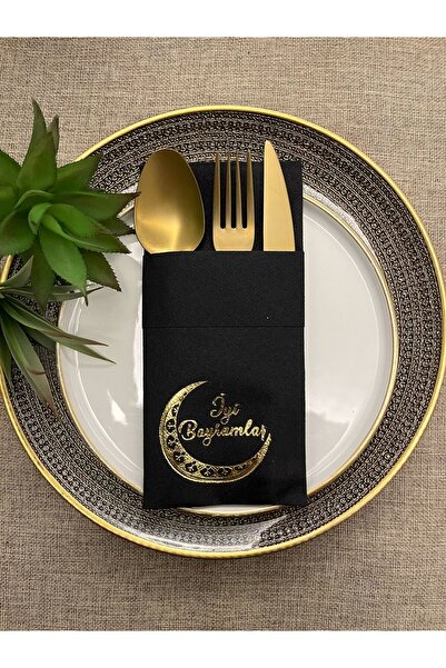kidspartim Gold Yaldızlı Siyah Kumaş Hissi Dokulu İyi Bayramlar Cepli Peçete ...