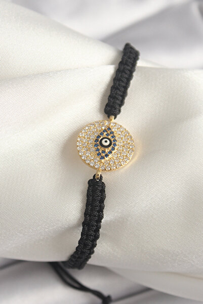 Nehir Brass Gold Color Zircon Stone Eye Embroidered Figure Elevator Macrame M...