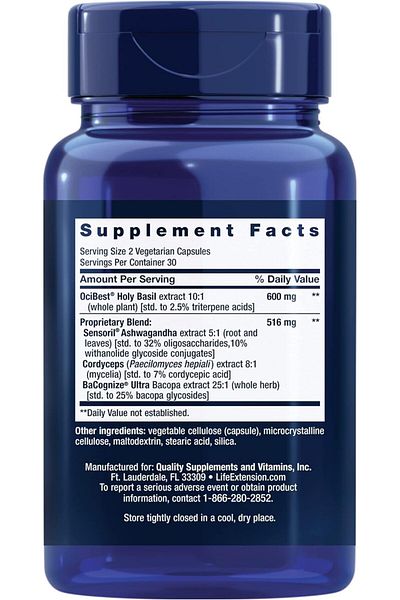 Life Extension Adrenal Energy Formula with Holy Basil, Cordyceps, Bacopa, Ashwagandha, 60 Veg Capsules