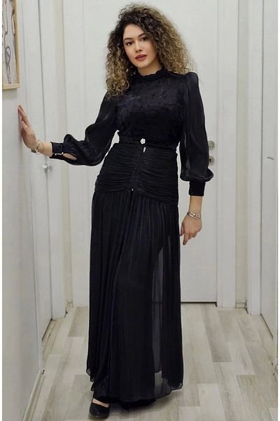 lodmela Βελούδινο βραδινό φόρεμα με λεπτομέρεια λουλουδιών και αφαιρούμενη φούστα 2752-Μαύρο