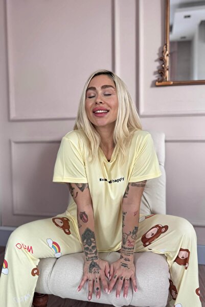 Pijamaevi Γυναικείο σετ πιτζάμες με κοντό μανίκι μπαμπού με κίτρινο γλυκό σχέδιο