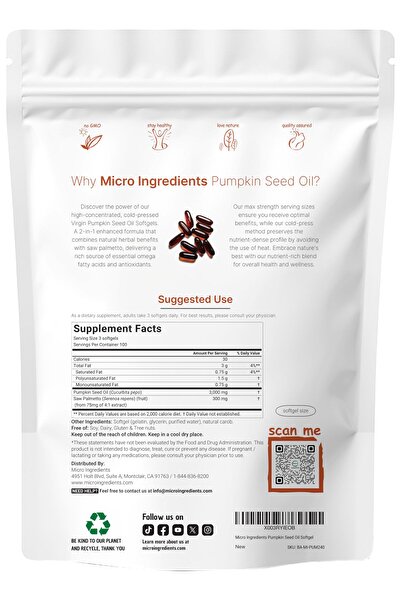 Micro ingredients Pumpkin Seed Oil with Saw Palmetto, 3000mg, 300 Softgels | Hair, Urinary, Bladder & Prostate Support