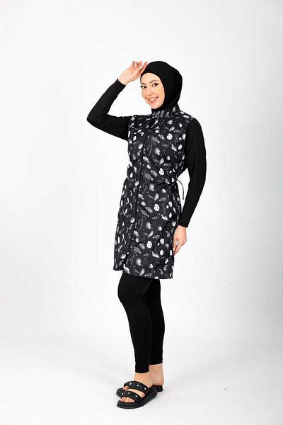 ENDYMION Printed Full Covered Quick Dry Parachute Fabric Hijab Swimsuit with Turban