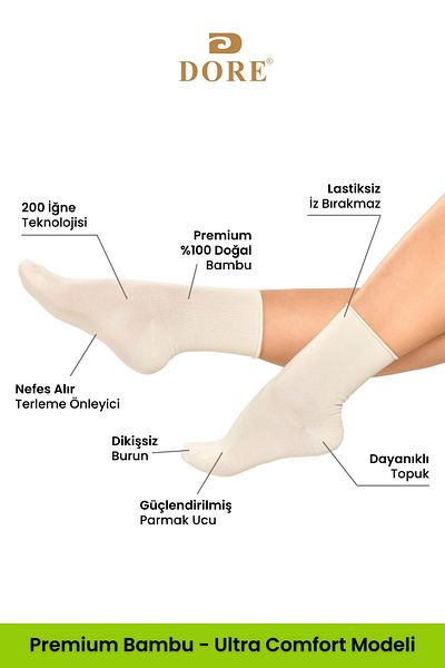 Dore Original Women's 2 Pairs Premium Natural Bamboo Soft Ultra Comfort Model Elasticless Seamless Socket Socks