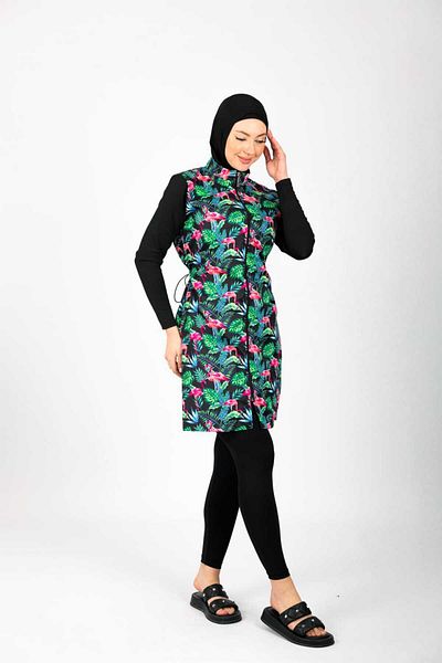 ENDYMION Printed Full Covered Quick Dry Parachute Fabric Hijab Swimsuit with Turban