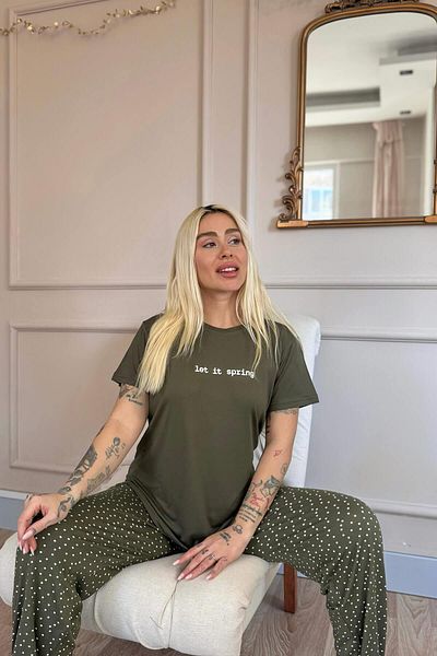 Pijamaevi Khaki Let It Spring Patterned Bamboo Short Sleeve Women's Pajamas Set