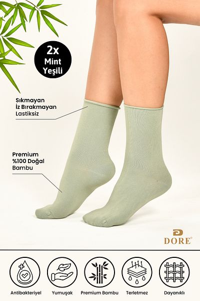 Dore Original Women's 2 Pairs Premium Natural Bamboo Soft Ultra Comfort Model Elasticless Seamless Socket Socks