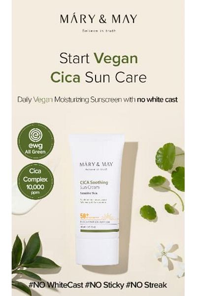mary&mary CICA Soothing Sun Cream SPF50+ PA++++ 50ml, No Sticky, No White Cast, Vegan, Daily Care