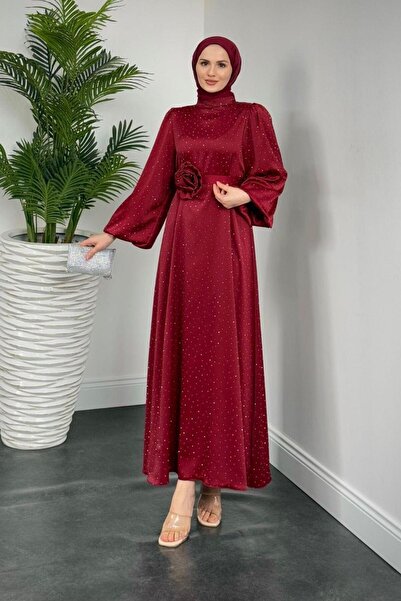 MERVEN AKYÜZ Margherita Taşlı Balon Kol Abiye Bordo