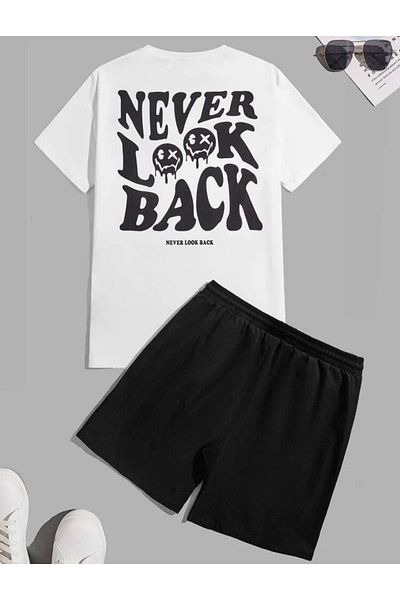 DEZZİİ White Back Never Look Printed Bottom Top Shorts T-Shirt Set