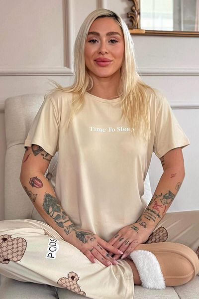 Pijamaevi Beige Time Patterned Bamboo Short Sleeve Women's Pajama Set