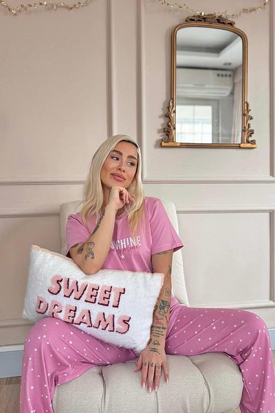 Pijamaevi Powder Sunshine Patterned Cotton Short Sleeve Women's Pajamas Set