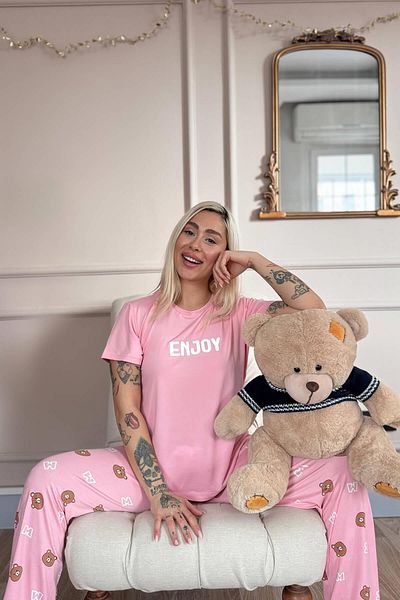 Pijamaevi Dark Pink Enjoy Patterned Bamboo Short Sleeve Women's Pajamas Set