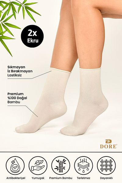 Dore Original Women's 2 Pairs Premium Natural Bamboo Soft Ultra Comfort Model Elasticless Seamless Socket Socks