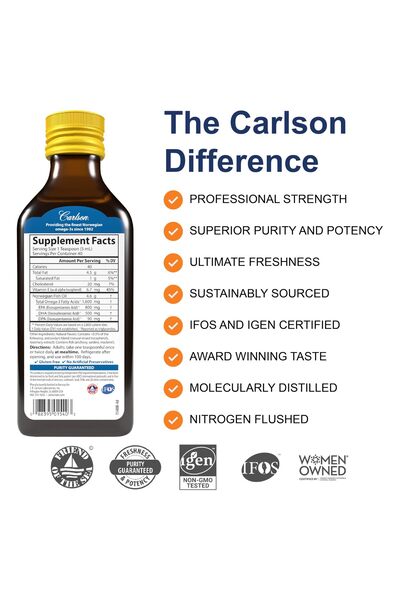 Carlson The Very Finest Fish Oil, 1600mg Omega-3s, Norwegian, Wild-Caught, Lemon, 200ml