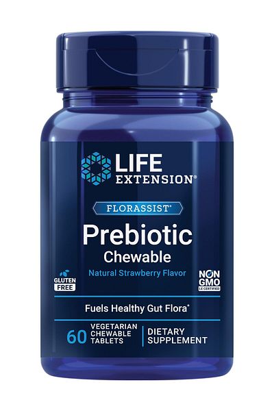 Life Extension FLORASSIST® Prebiotic Chewable, Strawberry, 1000 mg XOS, Gluten-Free, Non-GMO, 60 Tabs