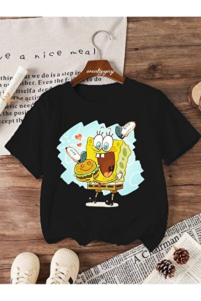 oneagılyazı تي شيرت للأطفال مطبوع عليه همبرغر سبونج بوب مقاس كبير
