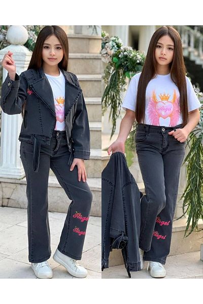 Bisahane Girl's Denim Jacket Pants Bady 3 Piece Set