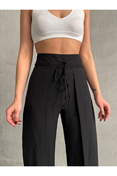 Lusin Women's Beige Lace-Up Slit Detailed Comfortable Fit High Waist Pants