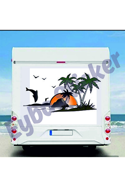 EYBA STİCKER ملصق النخيل والدلافين للتخييم والكرفان مقاس 120×66 سم طباعة ملونة