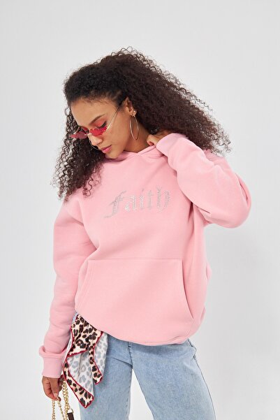 GIA - ART Faith Written Stone Printed Hooded Fleece Oversize Pink Dukserica