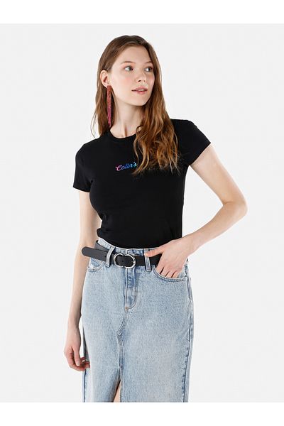 Colin's Slim Fit Crew Neck Printed Black Women's Short Sleeve T-Shirt
