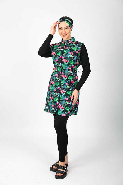 ENDYMION Printed Full Covered Lace up Boned Parachute Fabric Hijab Swimsuit
