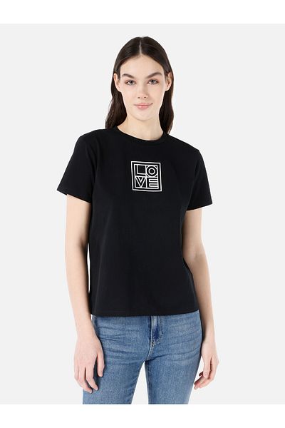 Colin's Tricou negru cu mânecă scurtă pentru femei, cu decolteu rotund, cu croială normală