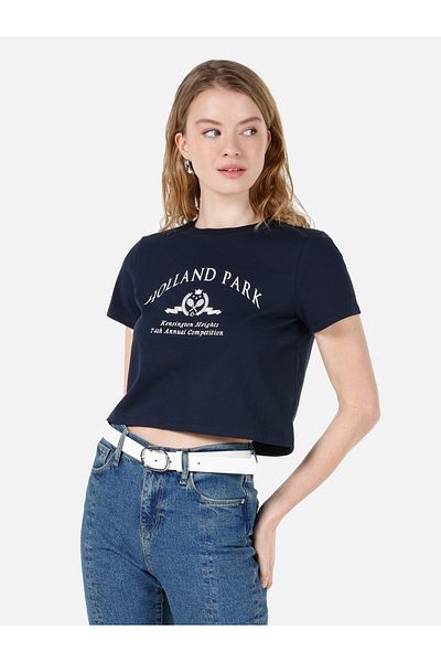 Colin's Regular Fit Round Neck Printed Women's Navy Blue Short Sleeve T-Shirt