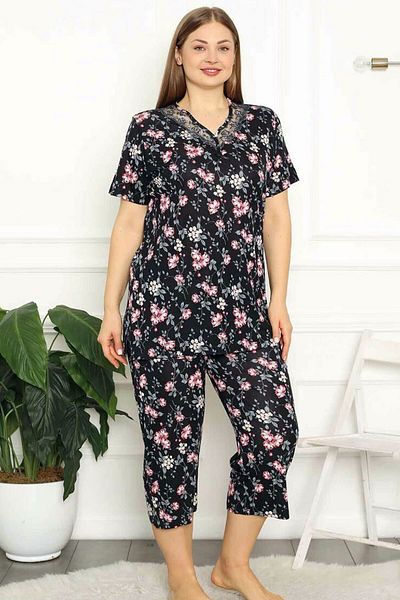 ALİMER Women's Black Spring Branch Bermuda Pajama Set Edy2708B-Syh