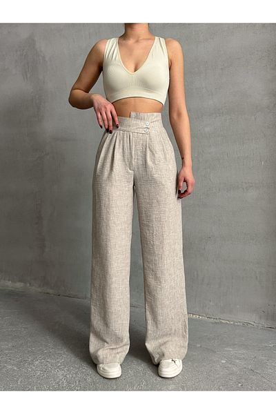 Lusin Women's Beige Stylish Design Double Button Detailed Pleated Palazzo Linen Trousers