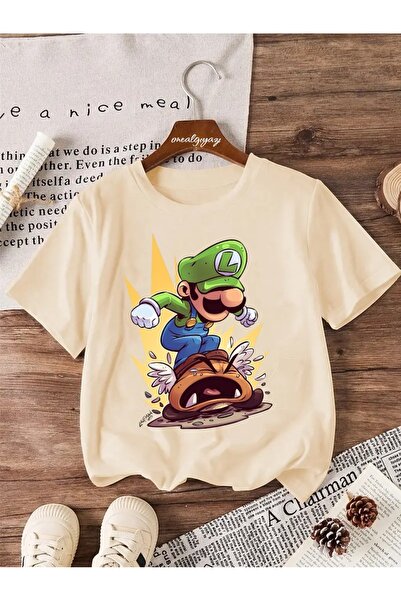 oneagılyazı تي شيرت أخضر ماريو مطبوع للأطفال مقاس كبير