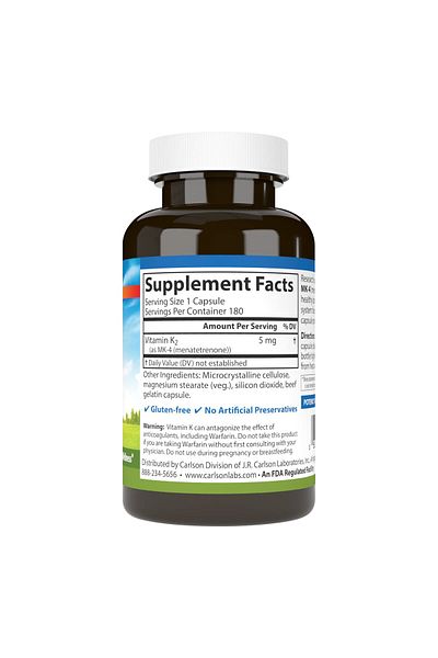 Carlson Vitamin K2 MK-4 (Menatetrenone) Supplement, Bone & Heart Health, Soy-Free, 180 Capsules